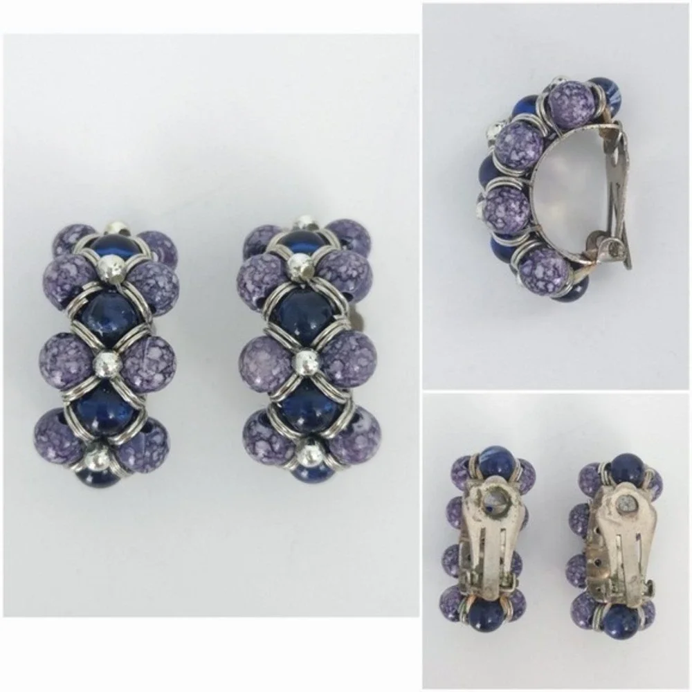 Silver Black Blue‎ Ivory Hoop & Beaded Clip Earrings (Set of 3)